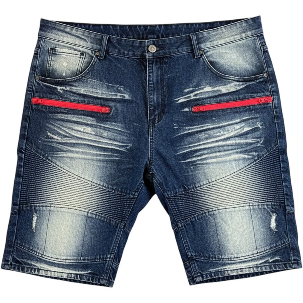 ENCRYPTED Denim Shorts Mens 42 Blue Red Zipper‎ Distressed Moto Style 42